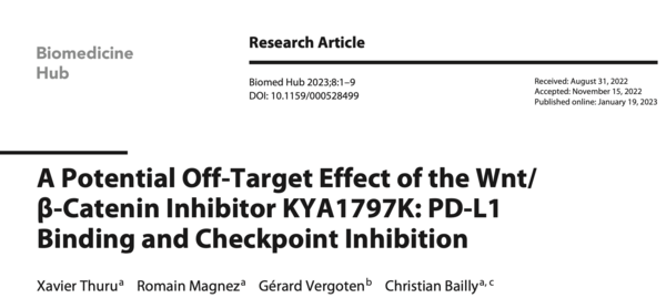 lien de l'article A Potential Off-Target Effect of the Wnt/β-Catenin Inhibitor KYA1797K: PD-L1 Binding and Checkpoint Inhibition